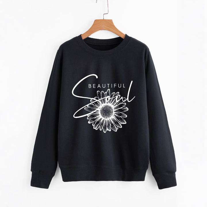Kvindes sweatshirt med blomstermotiv og inspirerende tekst Stilla
