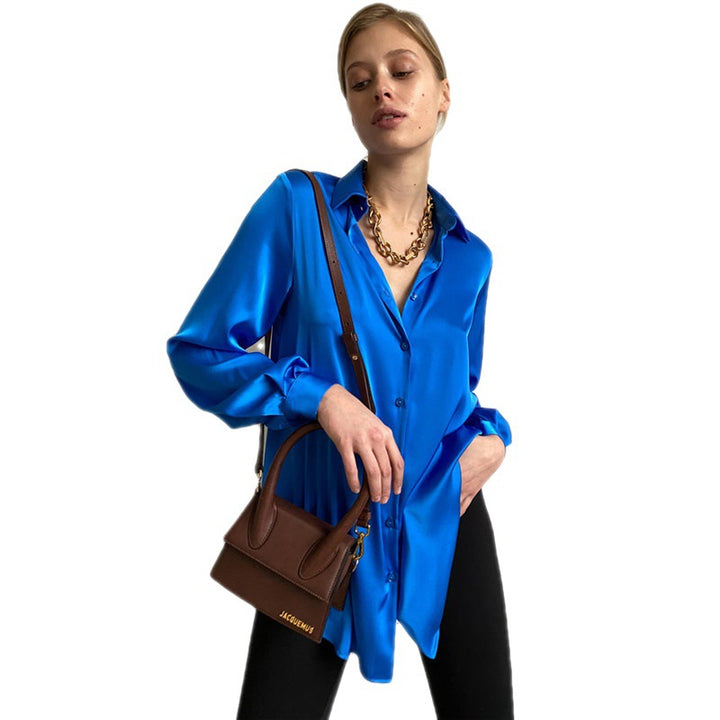 Damer elegant satin bluse med dyb V-hals Stilla