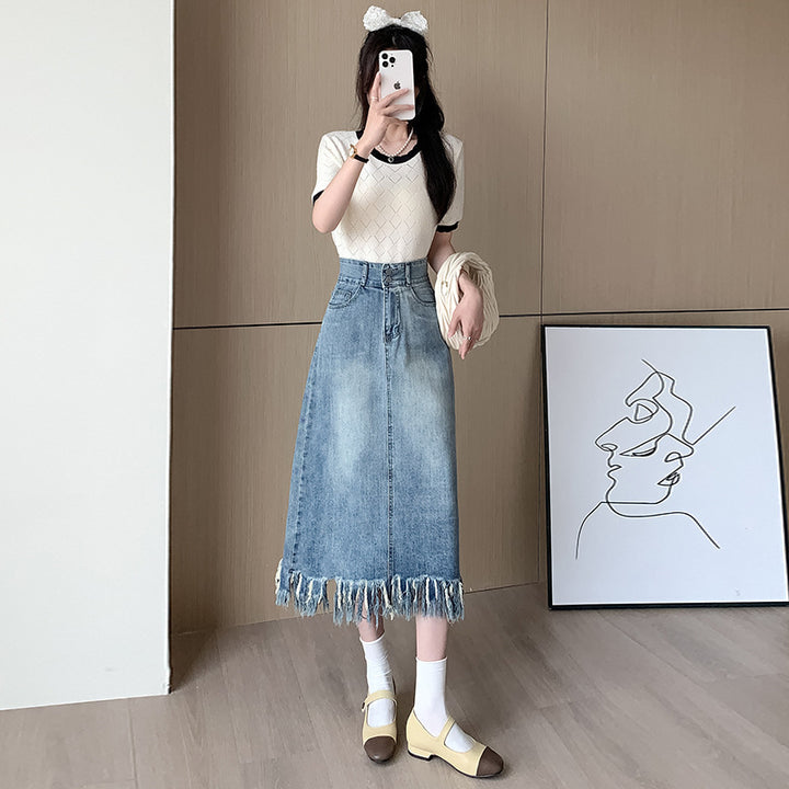 Kvindernes denim midi nederdel med frynset nederste Stilla