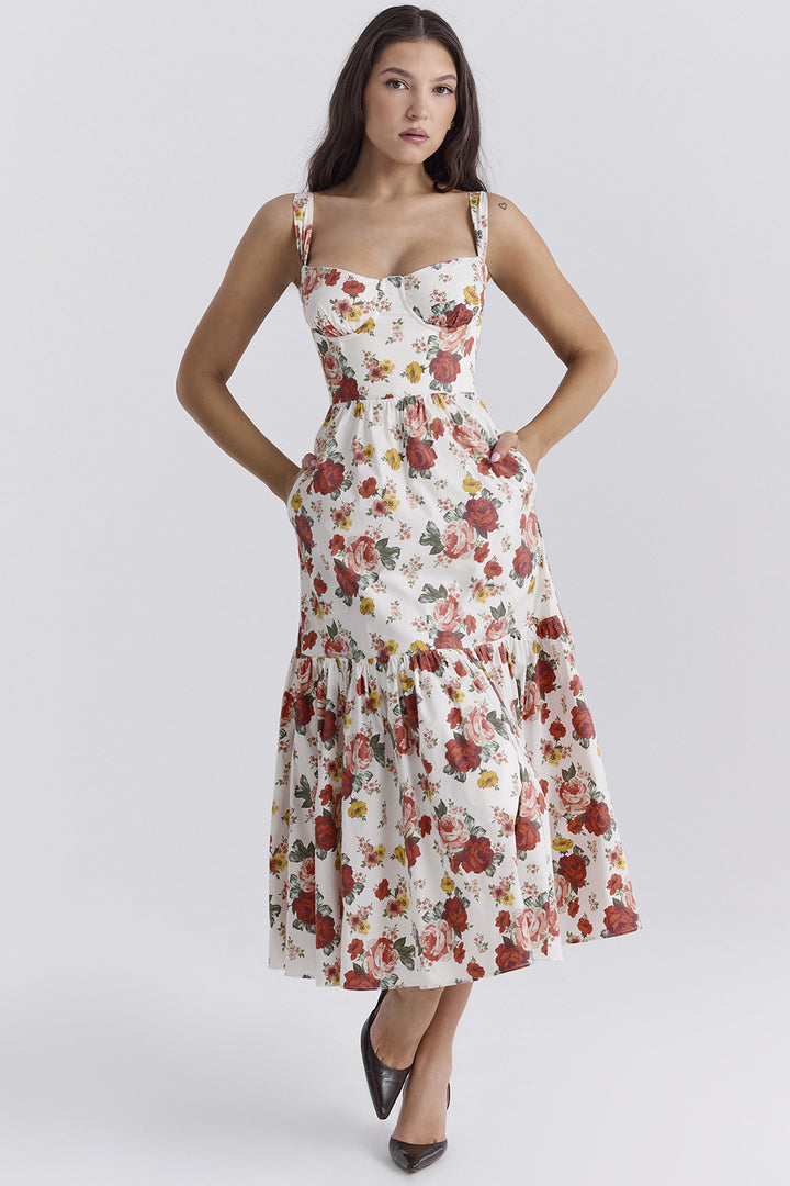 Kvinders Maxi Kjole med Blomsterdesign og Sidelommer Stilla