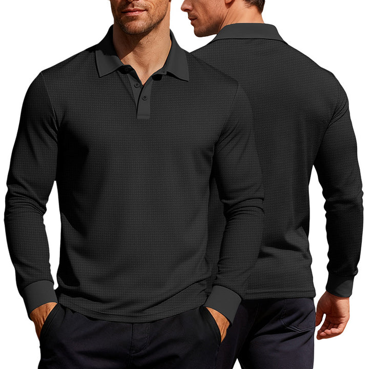 Herrer nan Langarm-Poloshirt i vaffelstrik med slim fit skjult knaplukning og skjortekrave Skovae