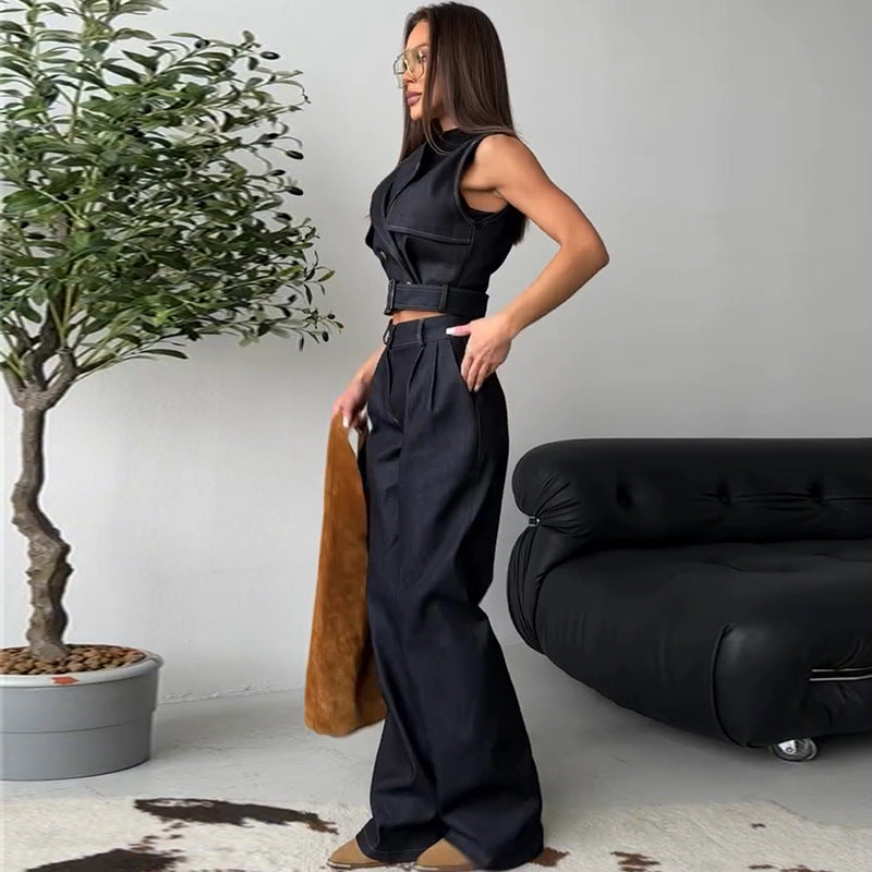 Dame figursyet blazer-outfit med bred bukseben Stilla