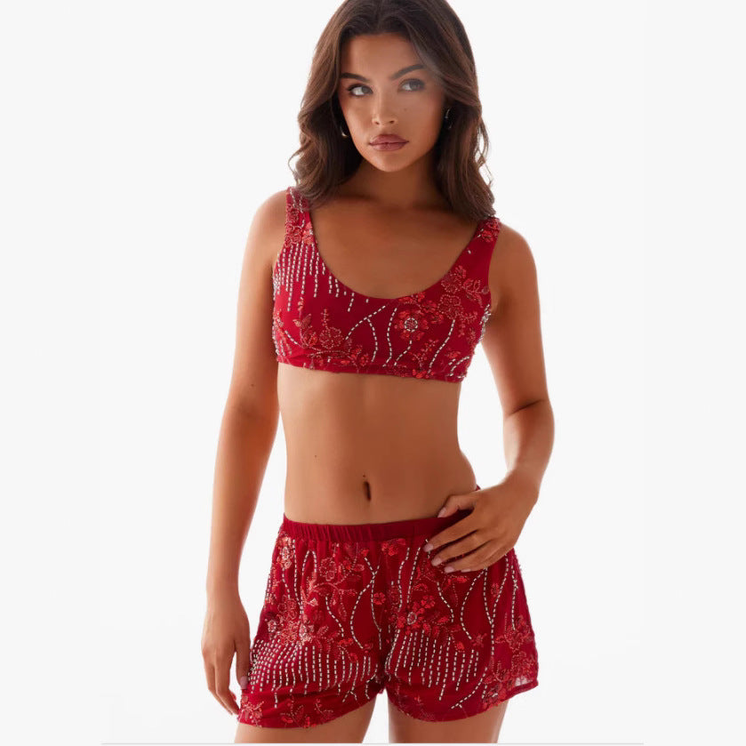 Kvinders bikini sæt med funklende blomsterdetaljer og tætsiddende snit
