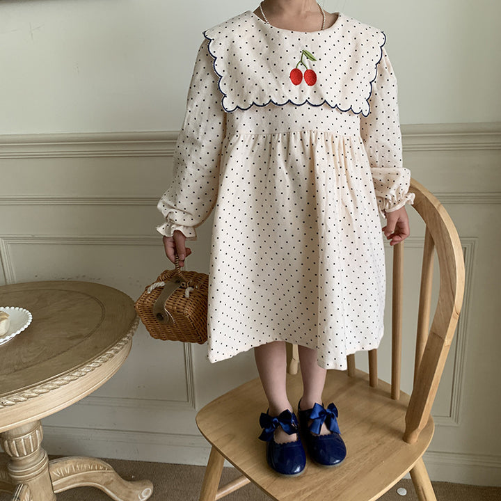 Pige Polka Dot broderet A-linje kjole med bølget krave Stilla