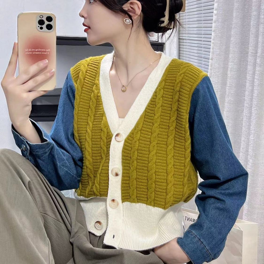 Kvinders stilfulde strikket cardigan med denimærmer Stilla