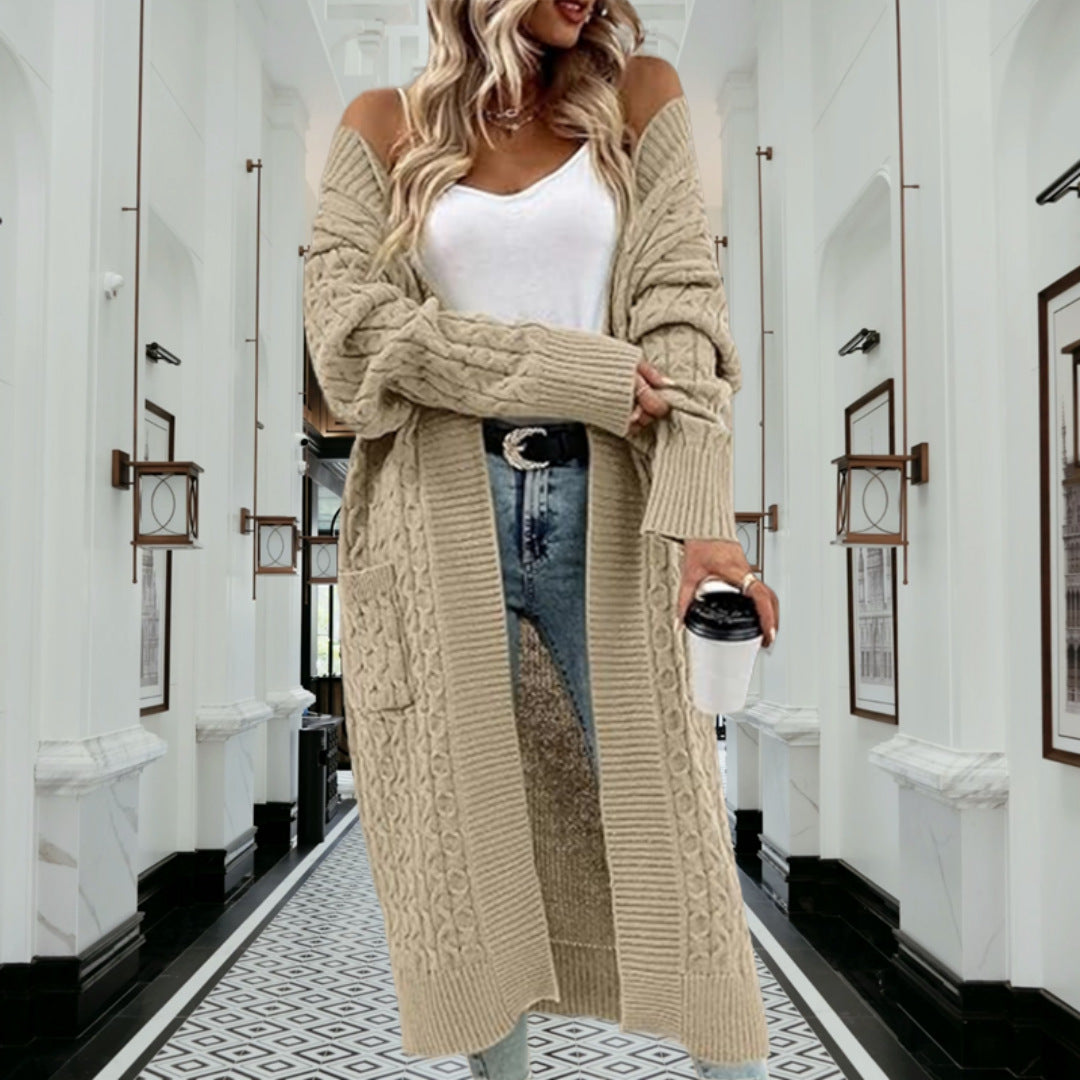 Kvinders chunky strik cardigan med åben design og praktiske lommer Stilla
