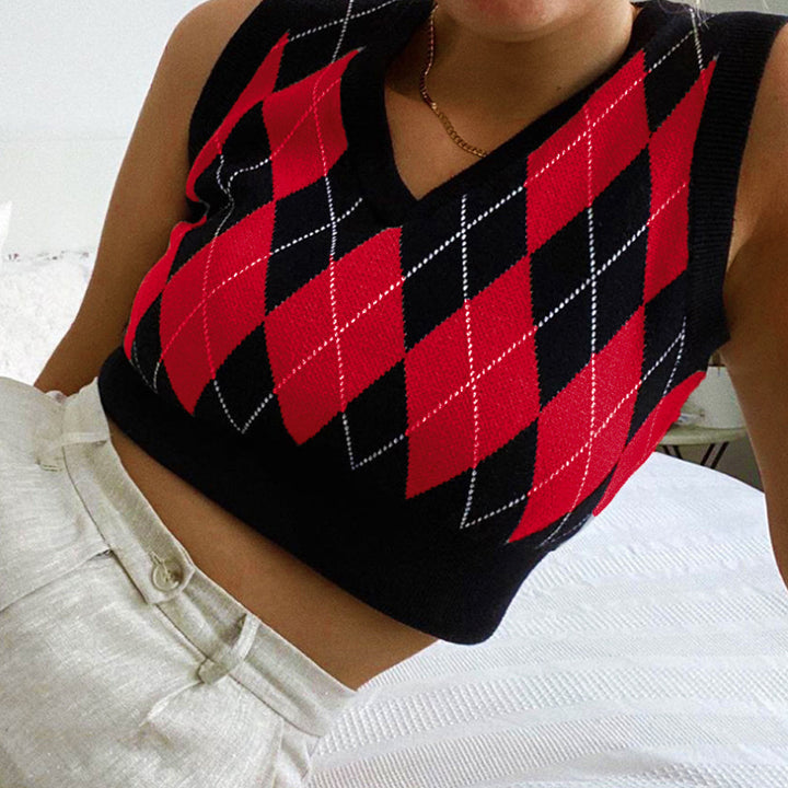 Dame cropped striktop med moderne rhombemønster Skovae
