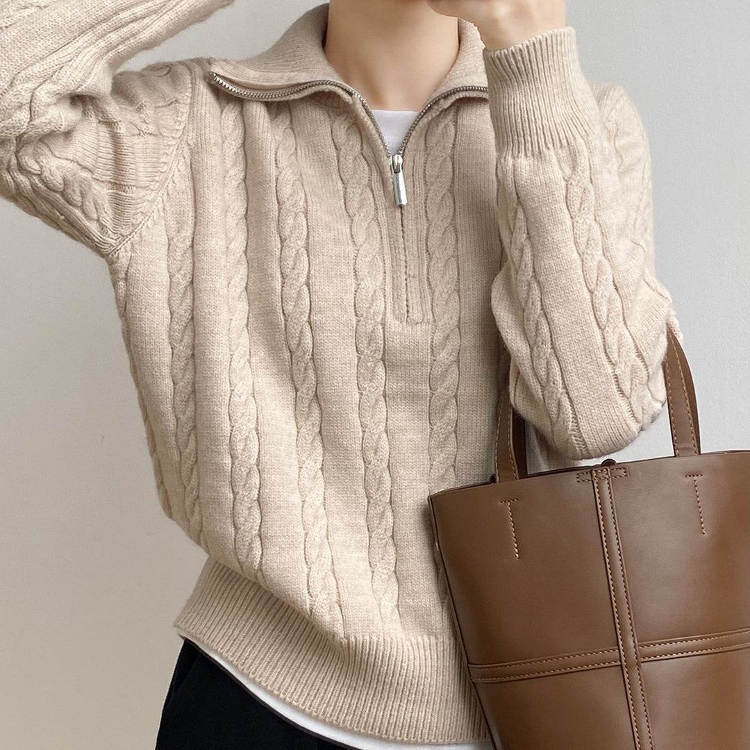 Femme Kabelstrik V-kvart-lynlå Pullover Sweater Stilla