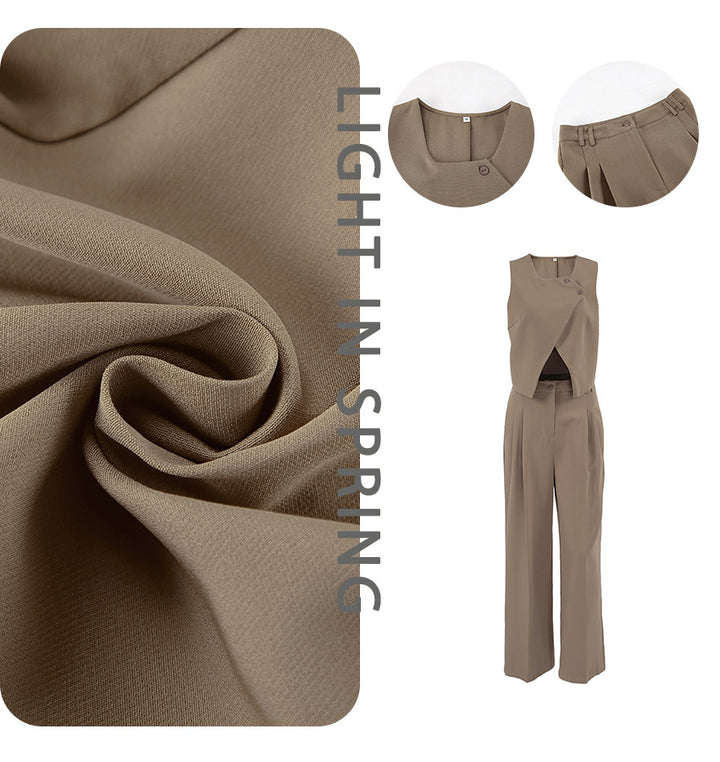 Dame trendy cropped top med asymmetrisk snit og bredskårne højtaljede bukser Stilla