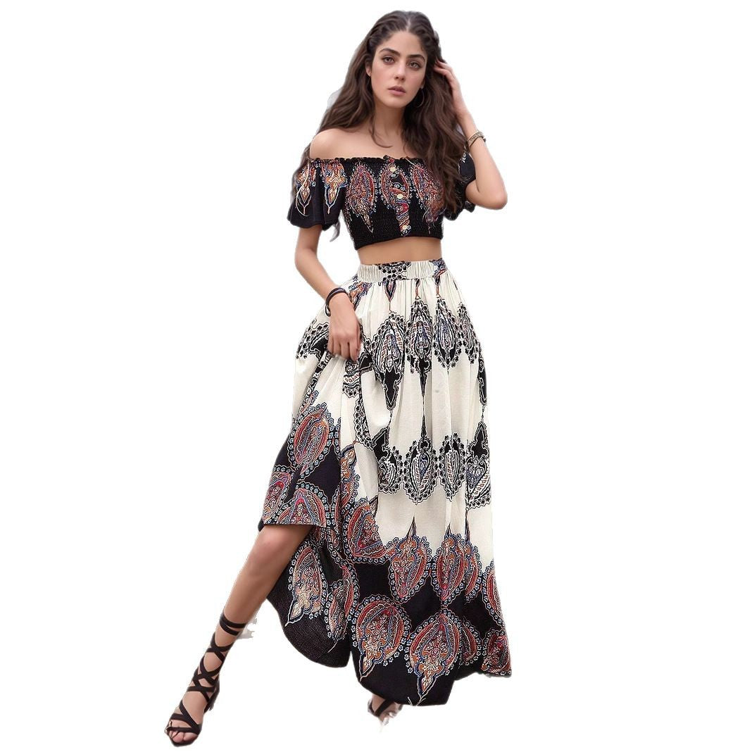 Dame Bohemian Off-Shoulder Crop Top og Maxi Skirt Sæt Stilla