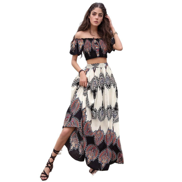 Dame Bohemian Off-Shoulder Crop Top og Maxi Skirt Sæt Stilla