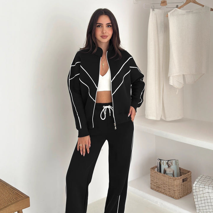 Kvinders sporty lounge set med lynlås og kontrastsyning Skovae