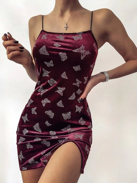Dame Sommerfugltryk Velour Mini Kjole Stilla