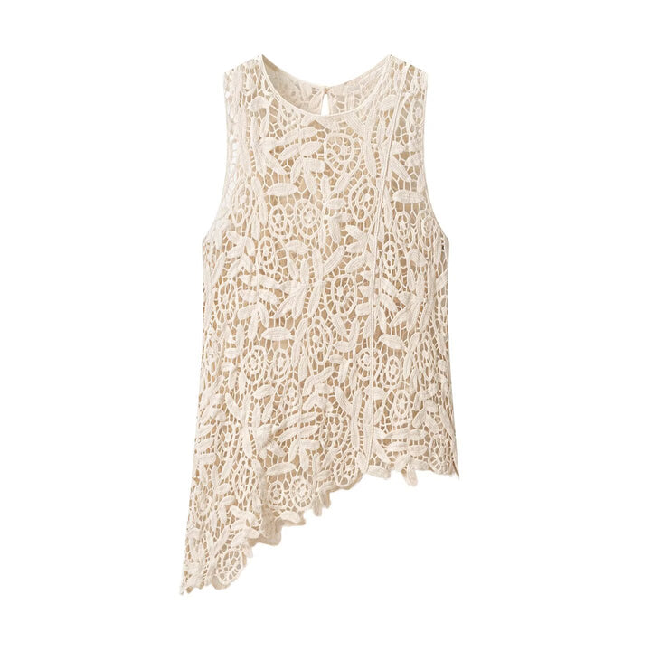 Dame spids blouse med asymmetrisk kant og florale mønstre Skovae