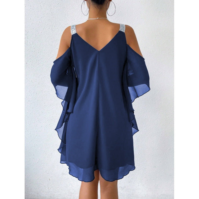 Kvinder Kold Skulder Chiffon Kjole med glitrende Detaljer Stilla