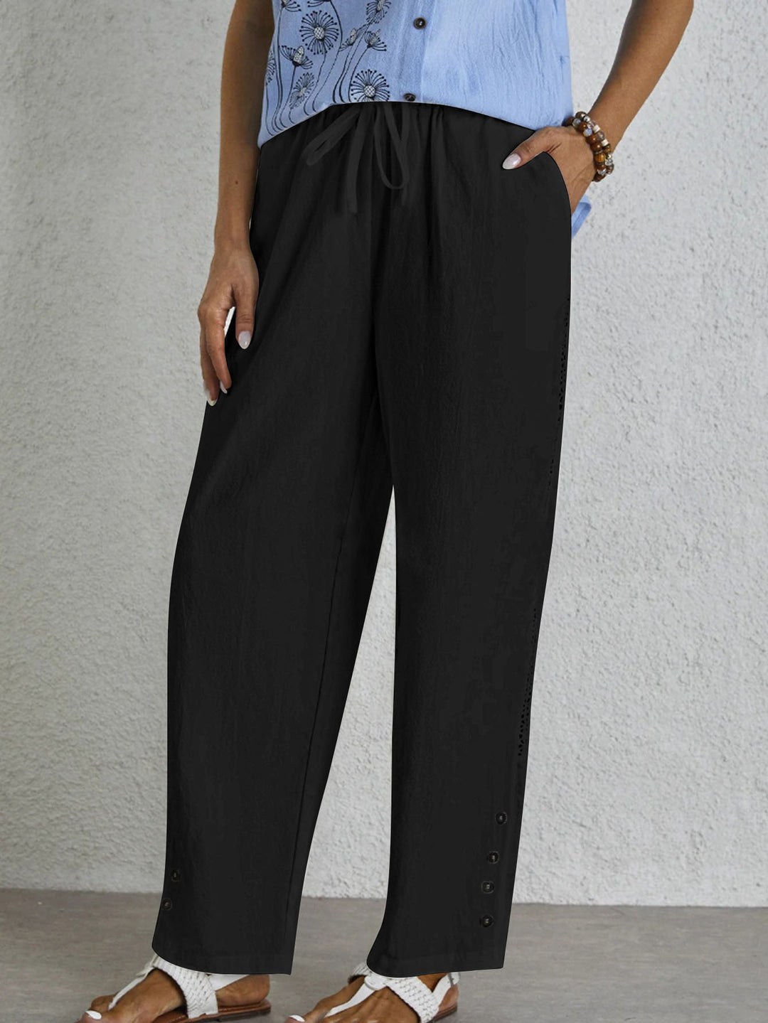 Dame Relaxed Fit Elastisk Taljebukser med Knapdetaljer Stilla