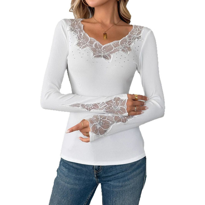 Dame nan figursyet finstrikket bluse med V-udskæring og blomster spidsapplikation Skovae