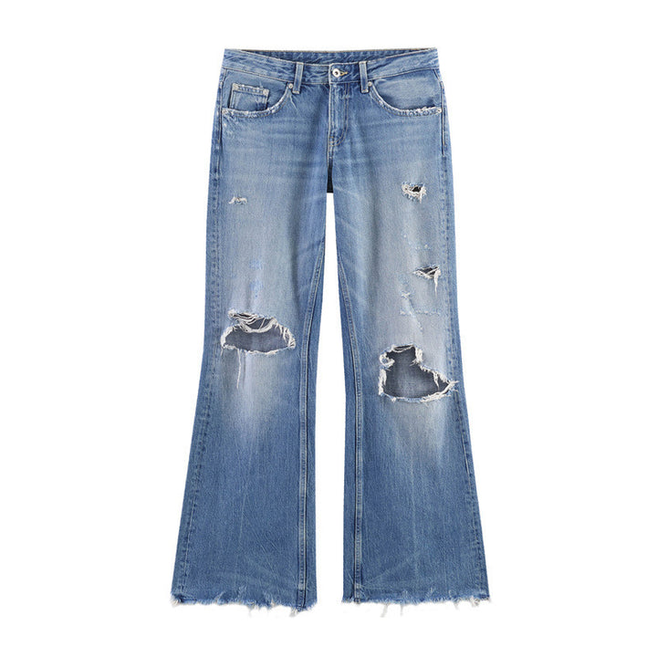 Dame flared jeans i brugt look med frynser og destroyed-detaljer Skovae
