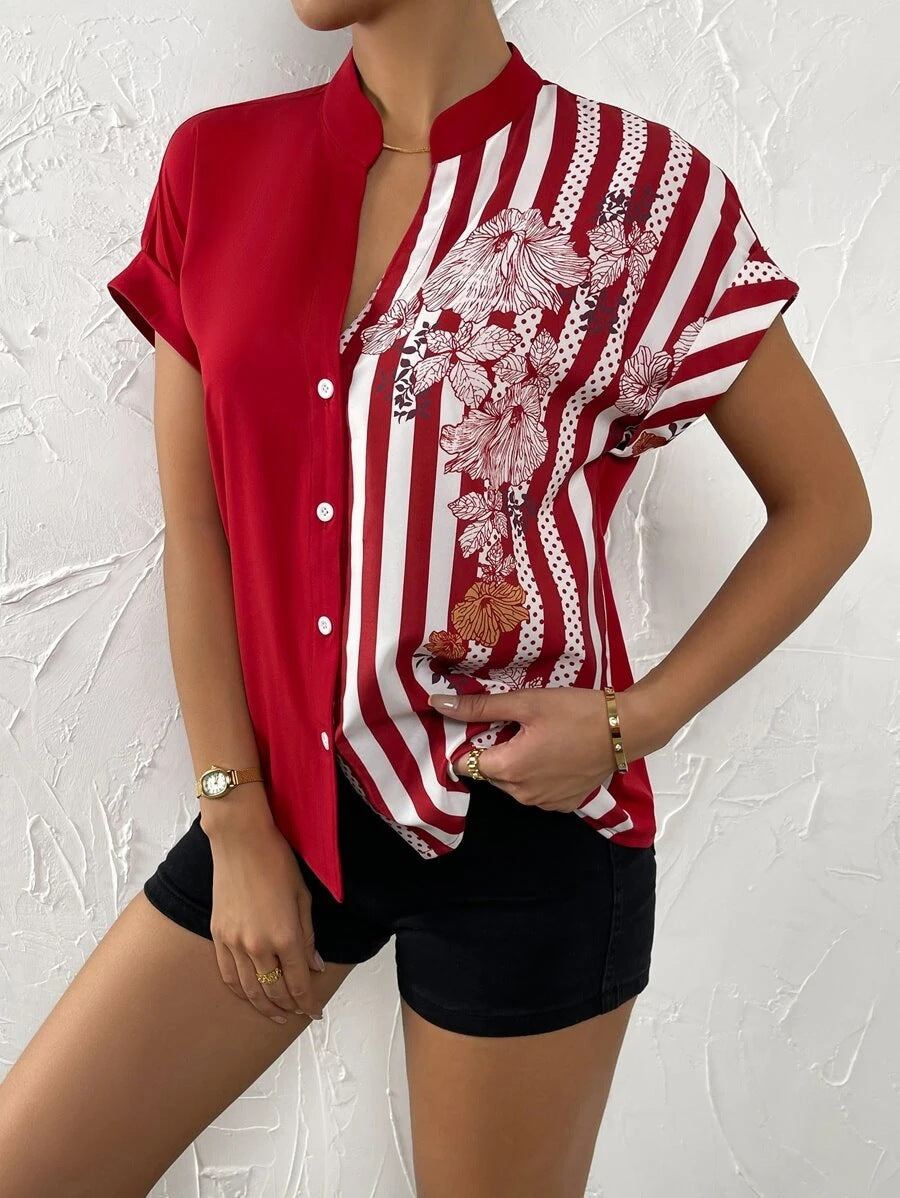 Dame stilfuld Button-Up-bluse med blomstertryk-patchwork Stilla