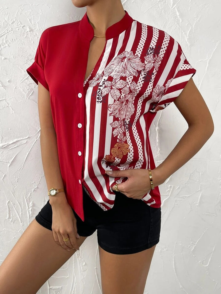 Dame stilfuld Button-Up-bluse med blomstertryk-patchwork Stilla