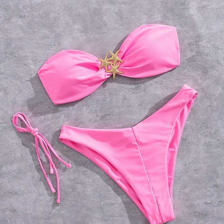Dame bandeau-bikini med guldfarvet stjernemotiv Skovae