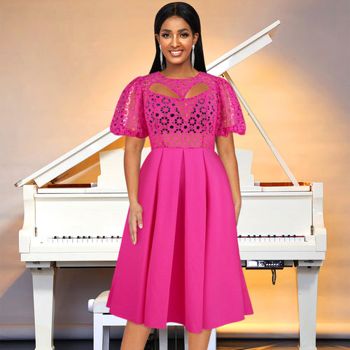 Dame Elegant A-linie kjole med cut-out-detaljer og puffærmer Skovae