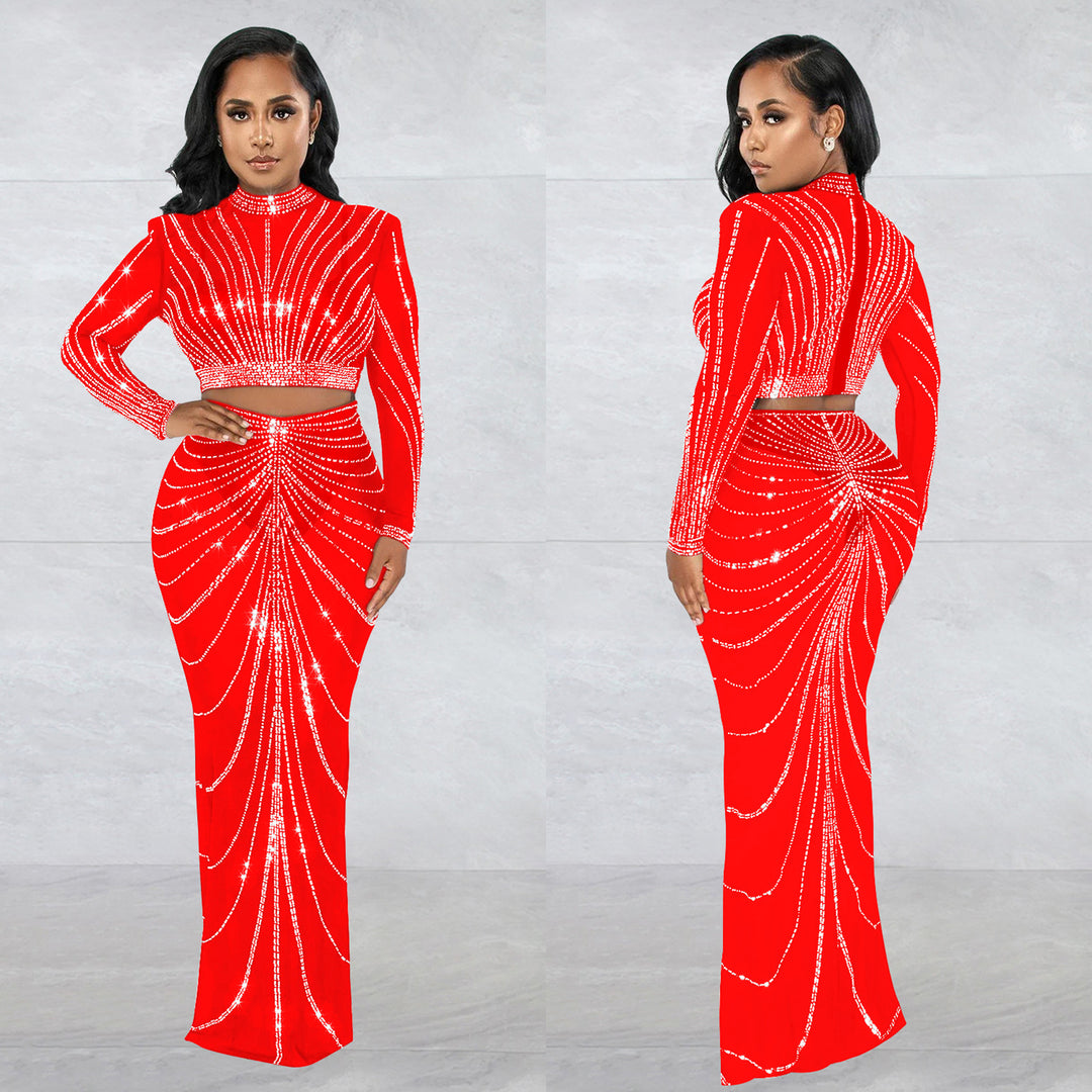 Dame Elegant Crop-Top og Maxi-Nederdel Sæt med glitrende Strass-dekorationer Stilla