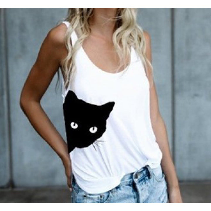 Kvinders tanktop med kreativ kattemotiv og afslappet pasform Stilla