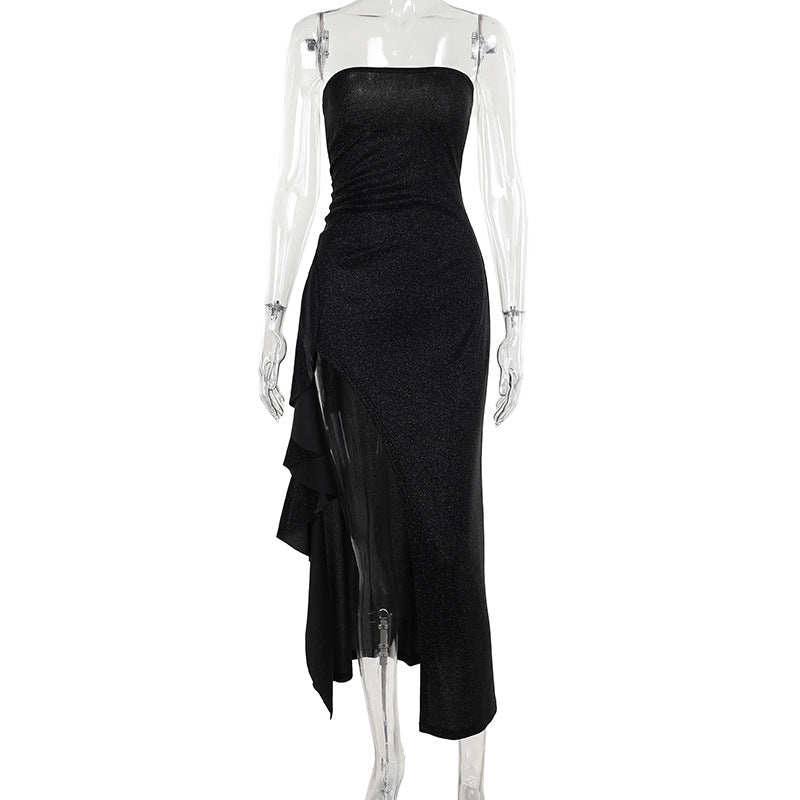 Dame elegant off-shoulder aften kjole med asymmetrisk flæse Skovae