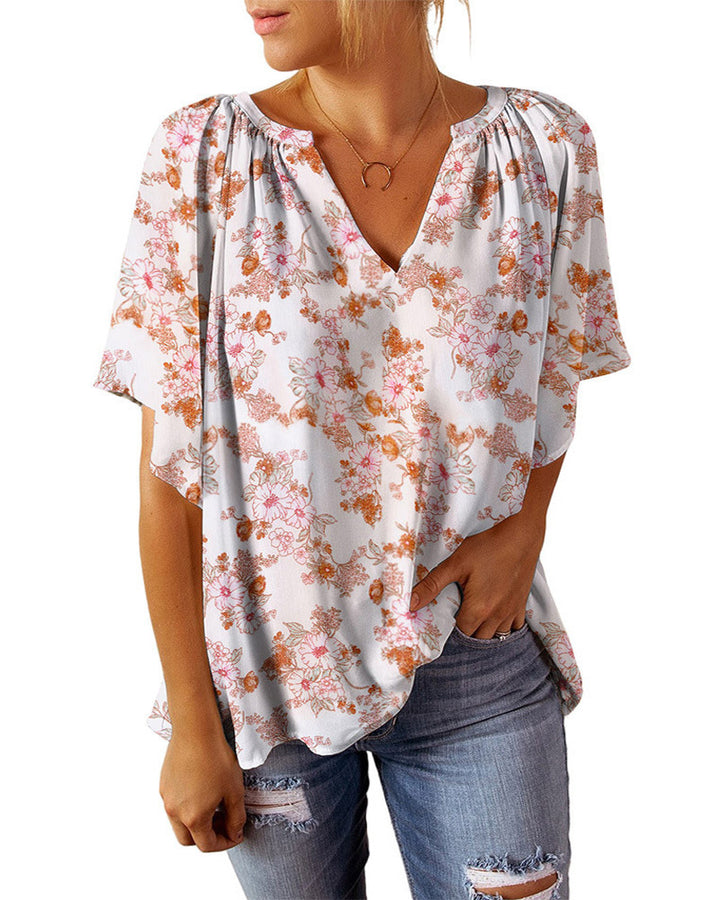 Dame afslappet blomster skjorte med V-udskæring og vidt snit Stilla