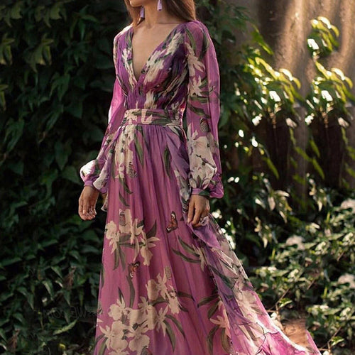 Dame Maxi-kjole med blomster chiffon og elegant flæse Stilla