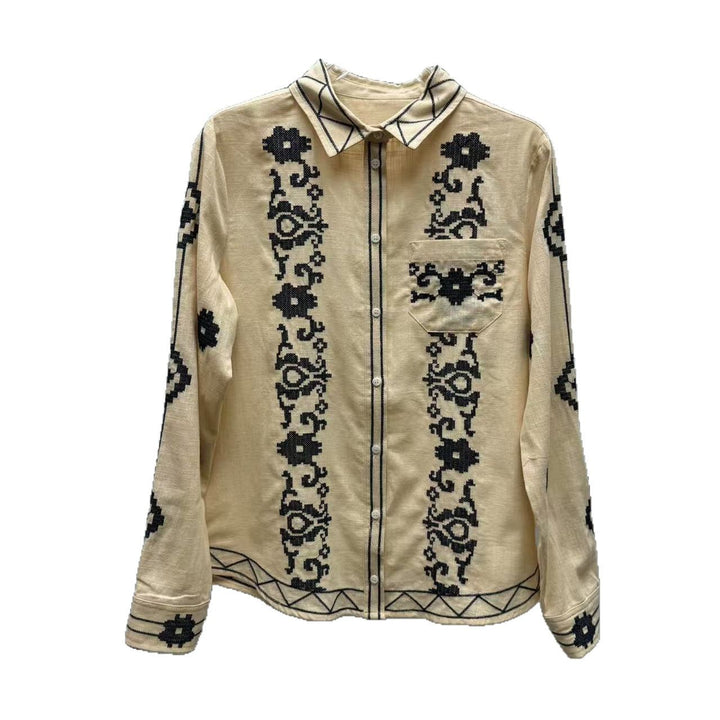 Damebluse med kunstneriske broderier og klassisk krave Stilla