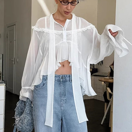 Damer Gennemsigtig Bluse med Rynkedetaljer og Casual Snit Stilla