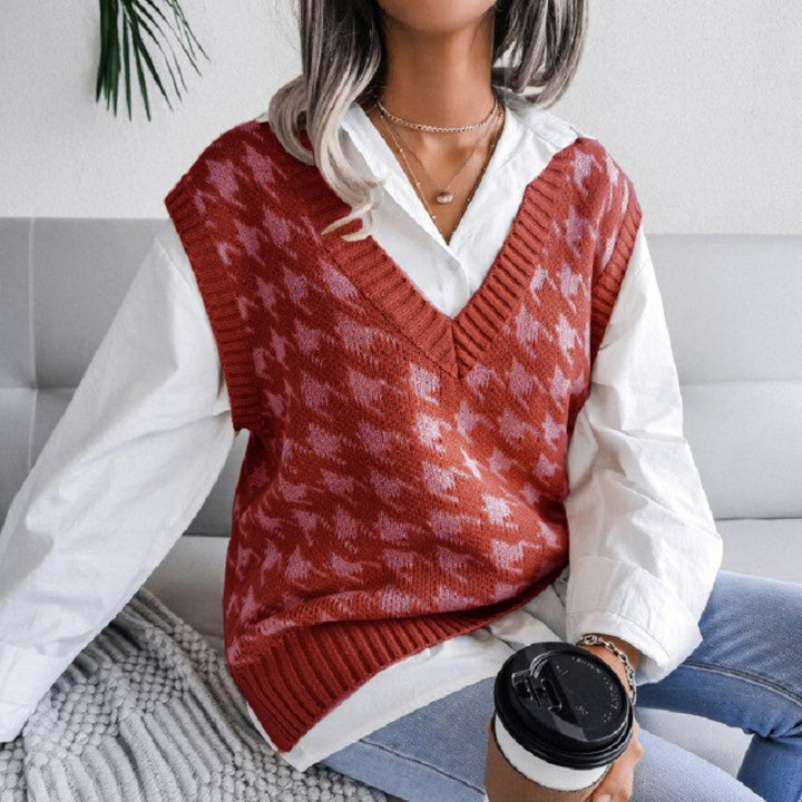 Dame strikvest med moderne houndstooth mønster Stilla