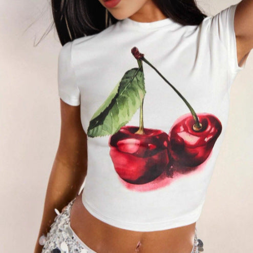 Dame Crop-T-Shirt med frugtrigt kirsebærmotiv og tætsiddende pasform Skovae