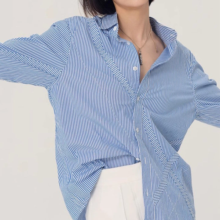 Dame elegant stribet Overshirt-bluse med afslappet snit og lange ærmer Stilla