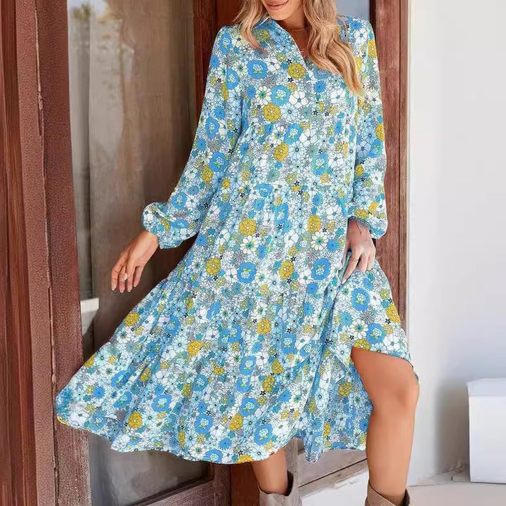 Dame Floral Print Maxi Skjorte Kjole Stilla