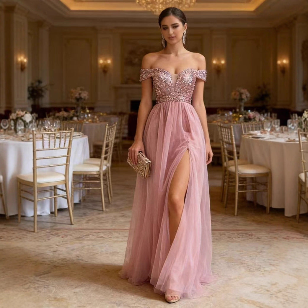 Ladies Elegant Evening Dress with Strapless Design and Sparkling Appliqués