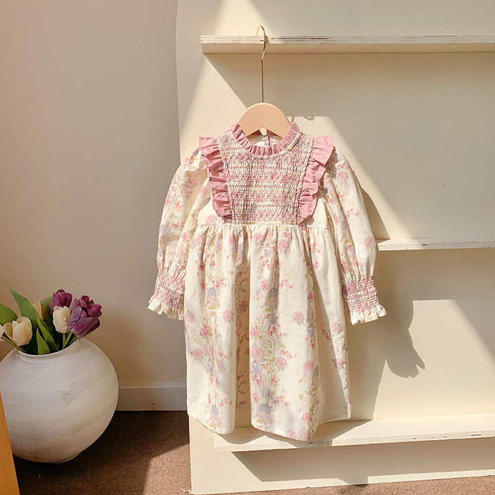 Pige Floral Smocked Langærmet Kjole Stilla