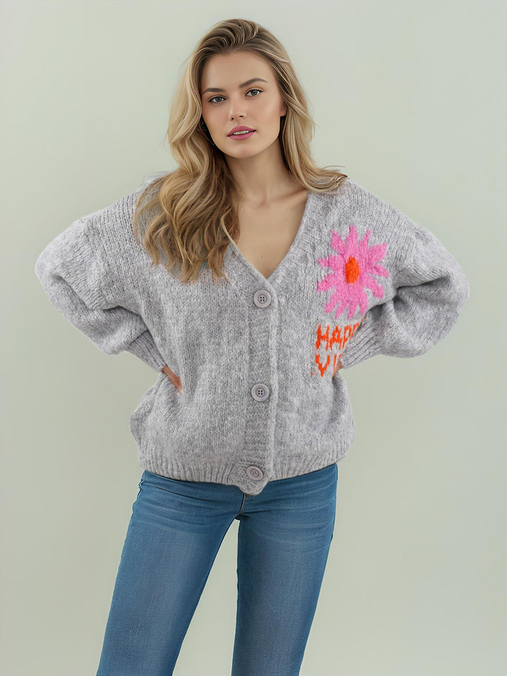 Damer legende cardigan med farverigt blomstermønster og store knapper Stilla