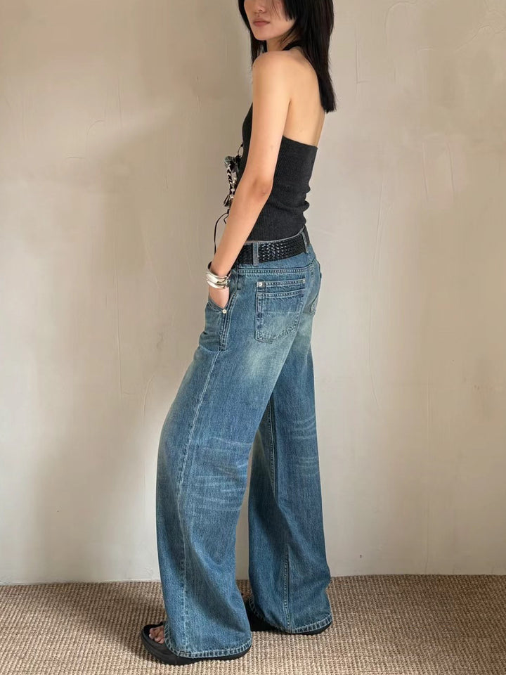 Dame bredden denim-bukser med høj talje og vintage-vask Stilla