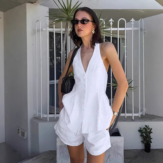 Dame Sommerligt Linned-Sæt med elegant V-udskæring og afslappede Shorts Stilla