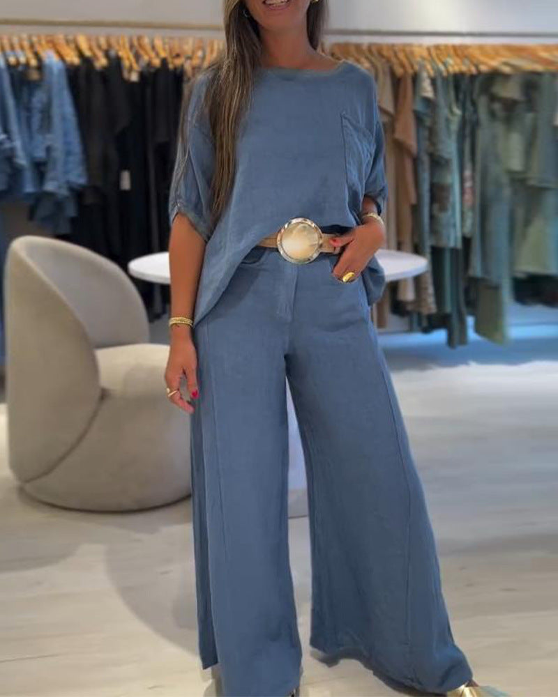 Damer i Leinenmix-sæt med boxy oversize-shirt, brystlomme og bred palazzo-bukser Skovae