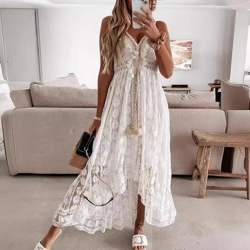 Dame Boho-maxikjole med spidsdetaljer og dekorative kvaster Skovae