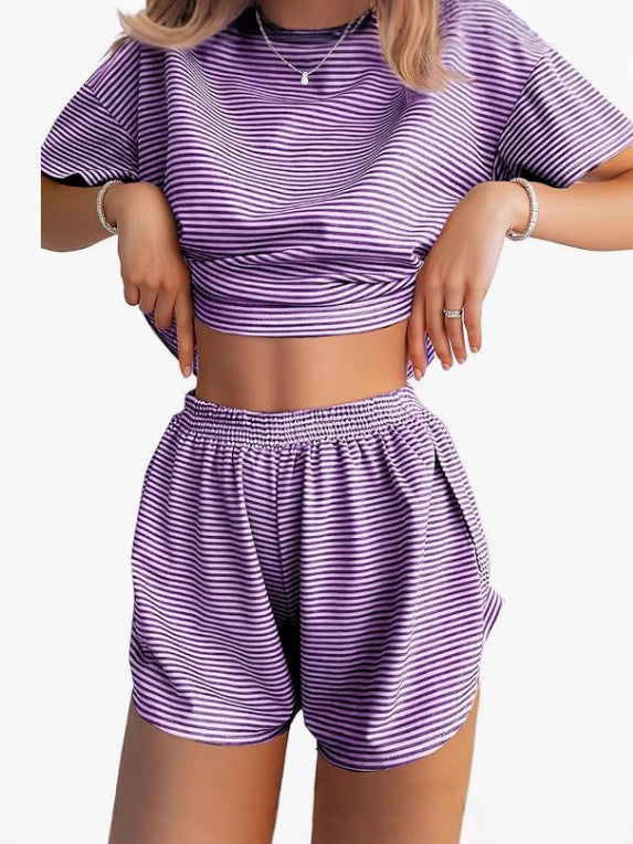 Dame Casual Stripe Sæt med Løst T-shirt og Shorts Skovae