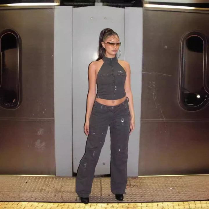 Dame Højkrave Lynlås Denim Crop Top Stilla