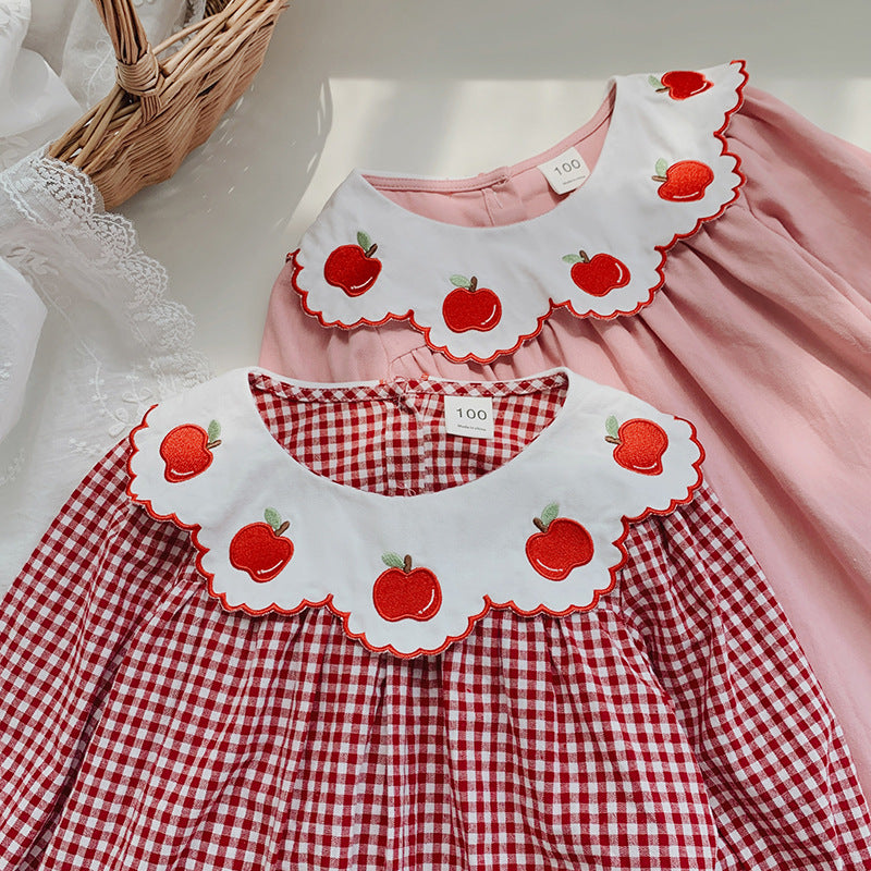 Pige Gingham Rude Kjole med legesyg Æble Broderi Stilla