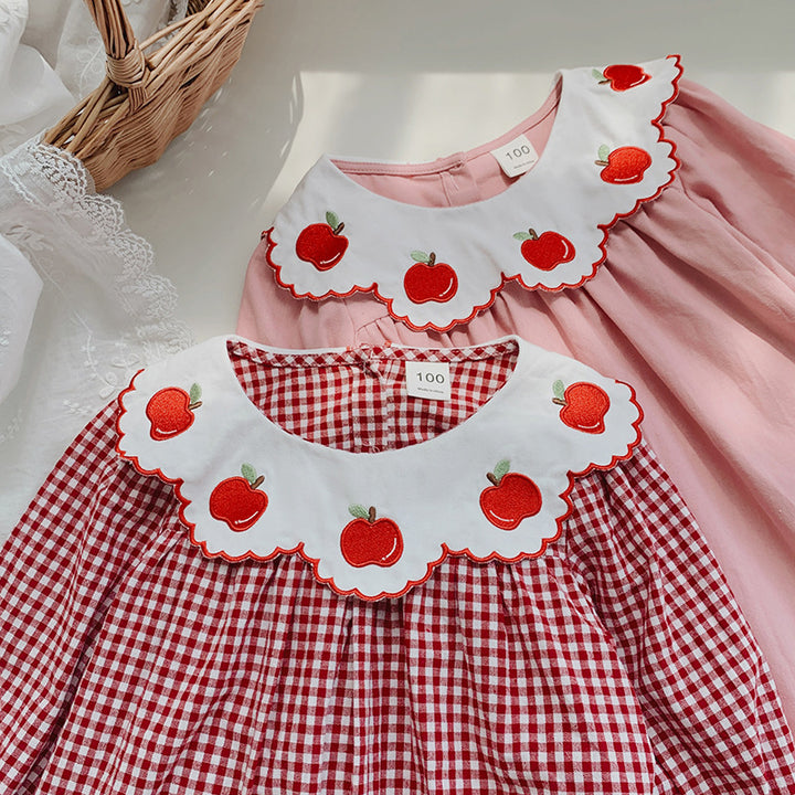 Pige Gingham Rude Kjole med legesyg Æble Broderi Stilla