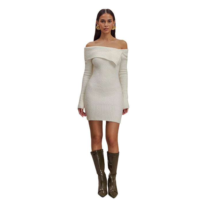Dame Off-Shoulder Strikkjole med Ripstruktur og Lang Arm Stilla