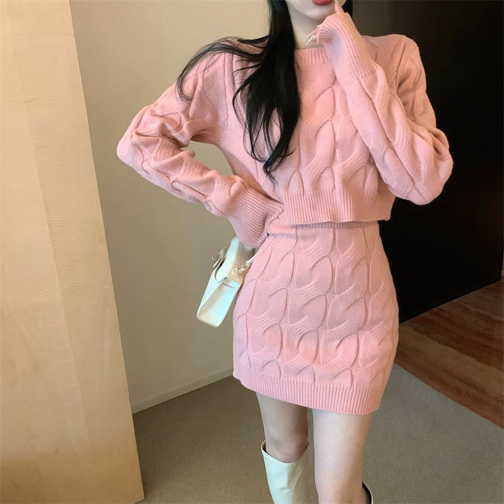 Femme Textured Knit Crop Sweater og Mini Skirt Sæt Stilla